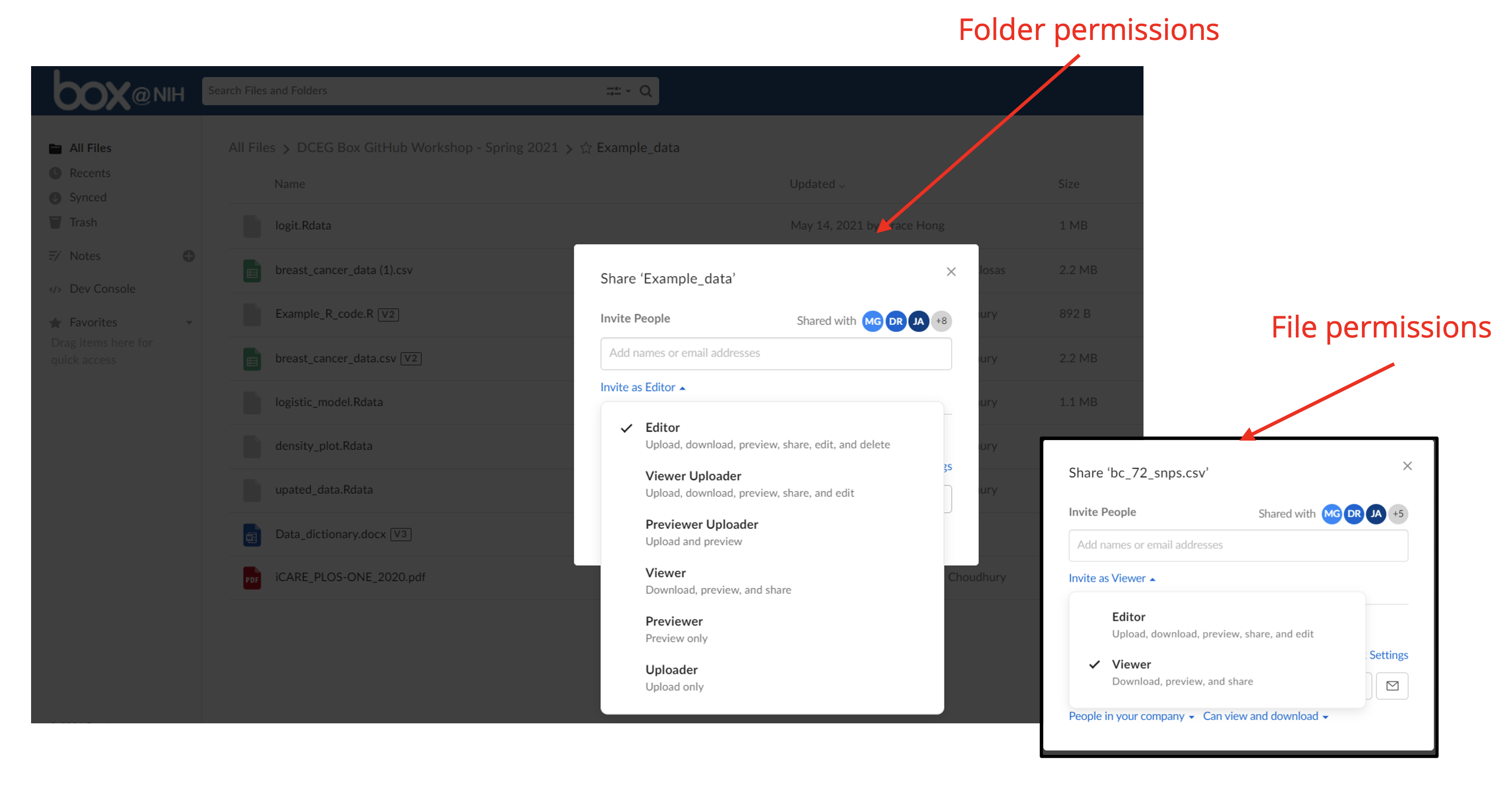 Box interface showing how to grant and revoke granular permissions to each data object stored there. 