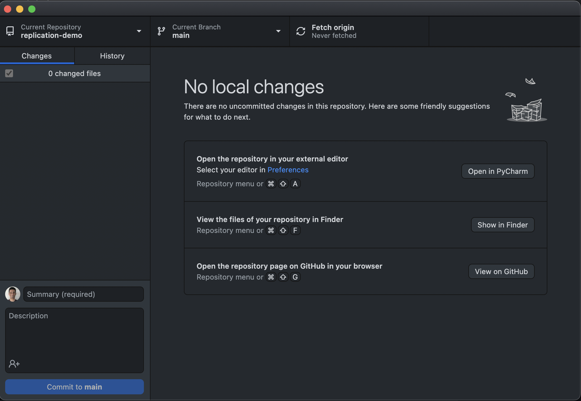 GitHub Desktop clone window with cloned repository
