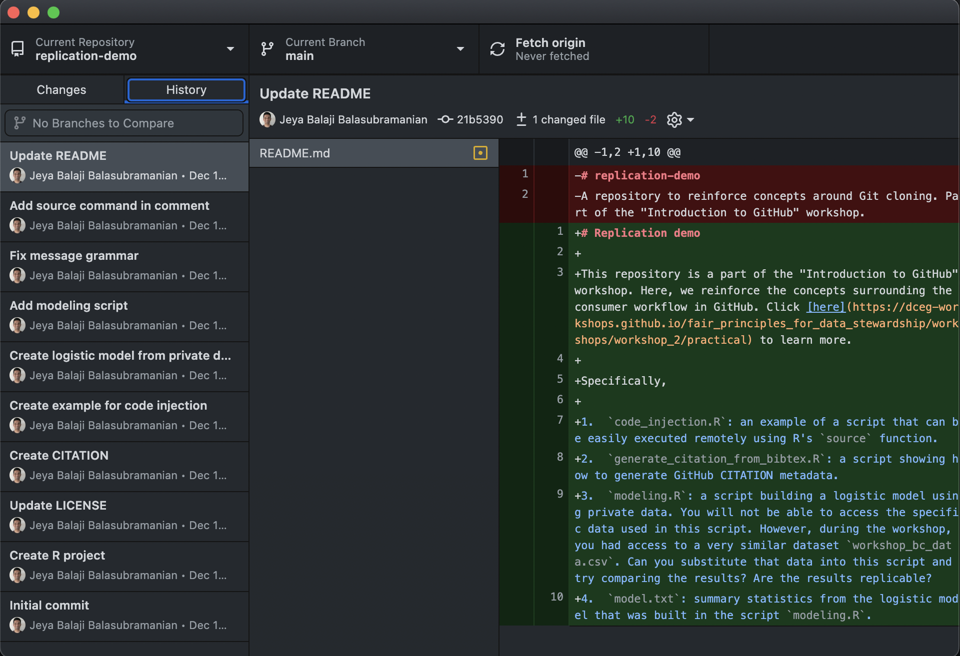 GitHub Desktop cloned repo history tab