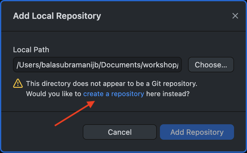 GitHub Desktop pop-up indicating that the selected folder is not a Git repository and offering an option to create a repository