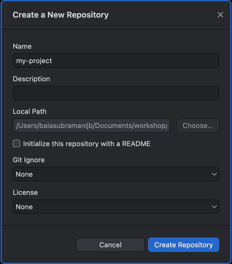 GitHub Desktop pop-up window asking for information to create a new repository
