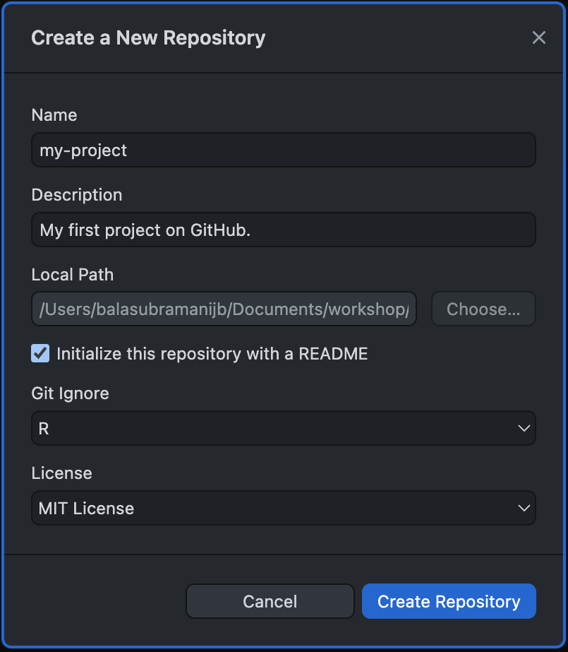 GitHub Desktop pop-up window to create a new repository but with all the information filled-in