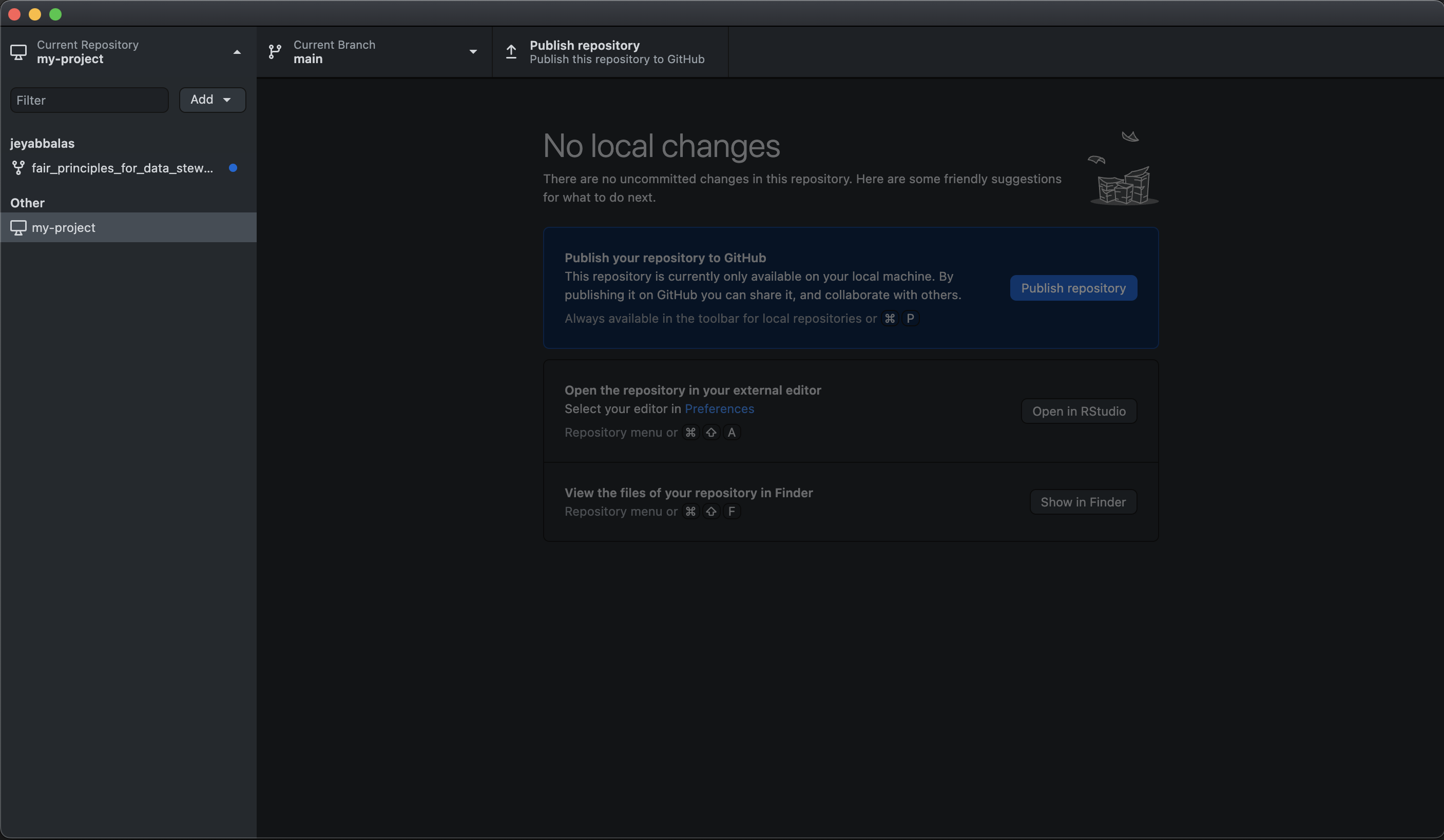 GitHub Desktop window of the new repository