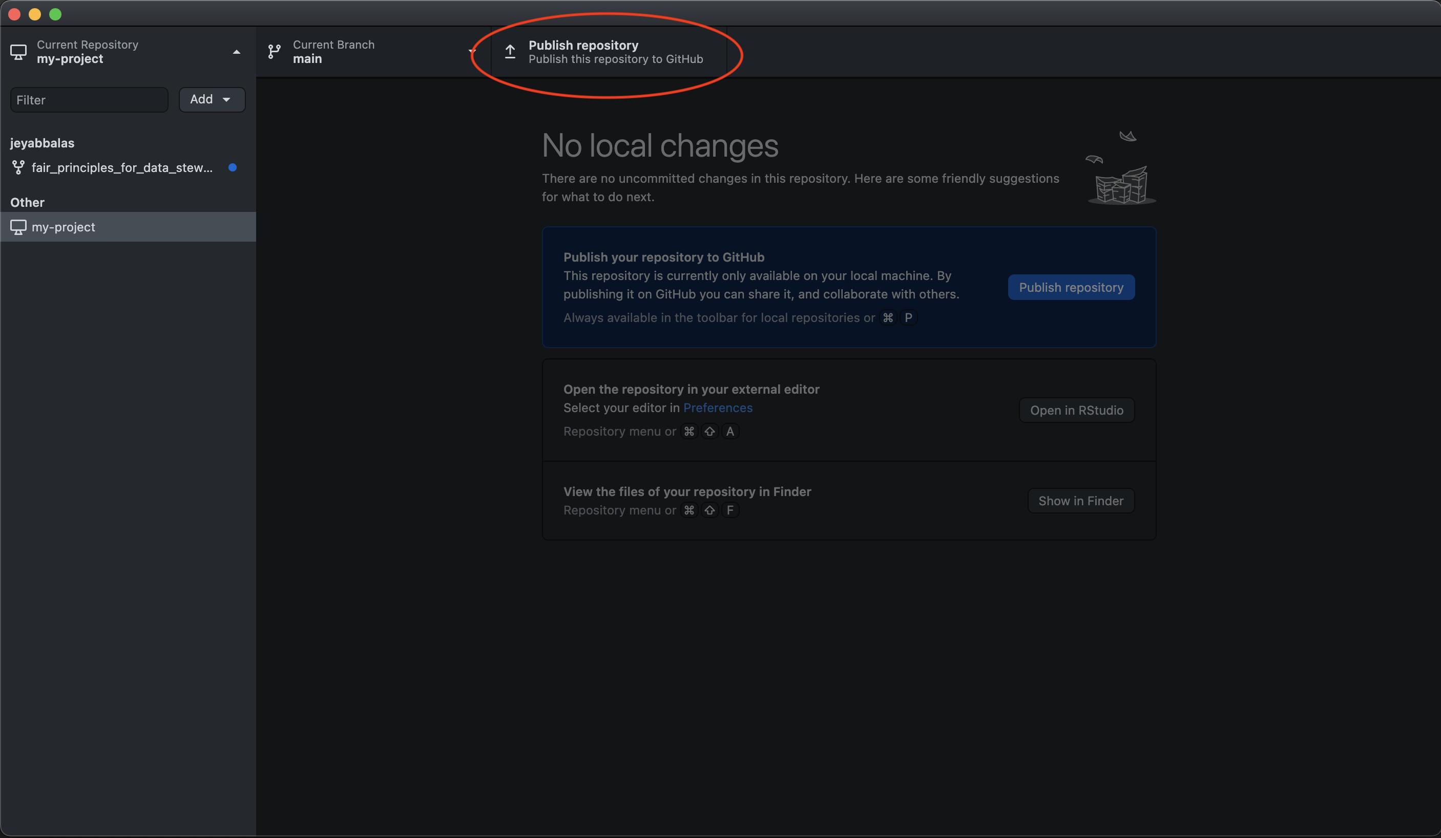 GitHub Desktop window with Publish repository button highlighted