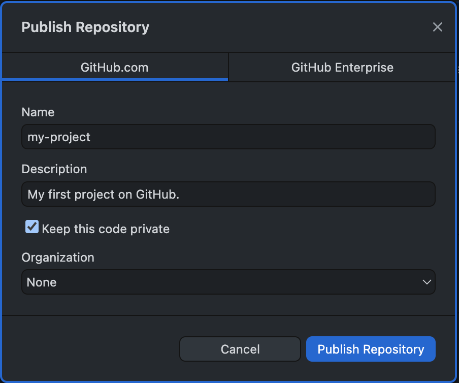 GitHub Desktop pop-up window to publish repository