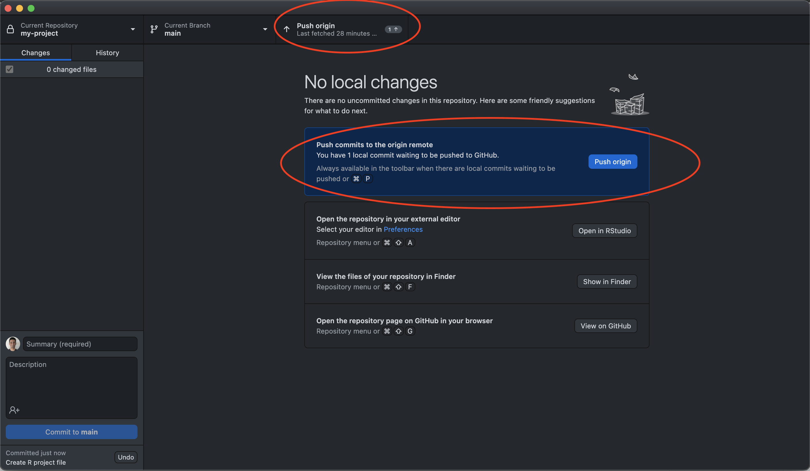 GitHub Desktop window indicating a push to origin option