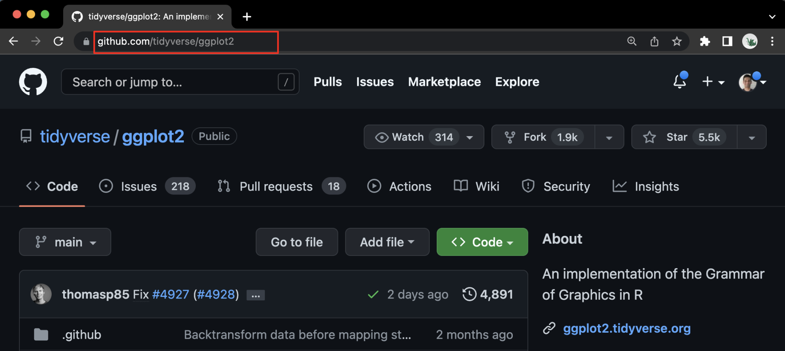 GitHub interface showing that it assigns a unique URL for each source code stored there